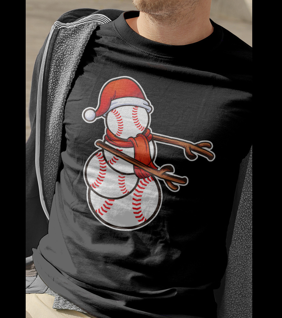 Santa Hat Snowman Made Of Baseballs Flossing T-Shirt