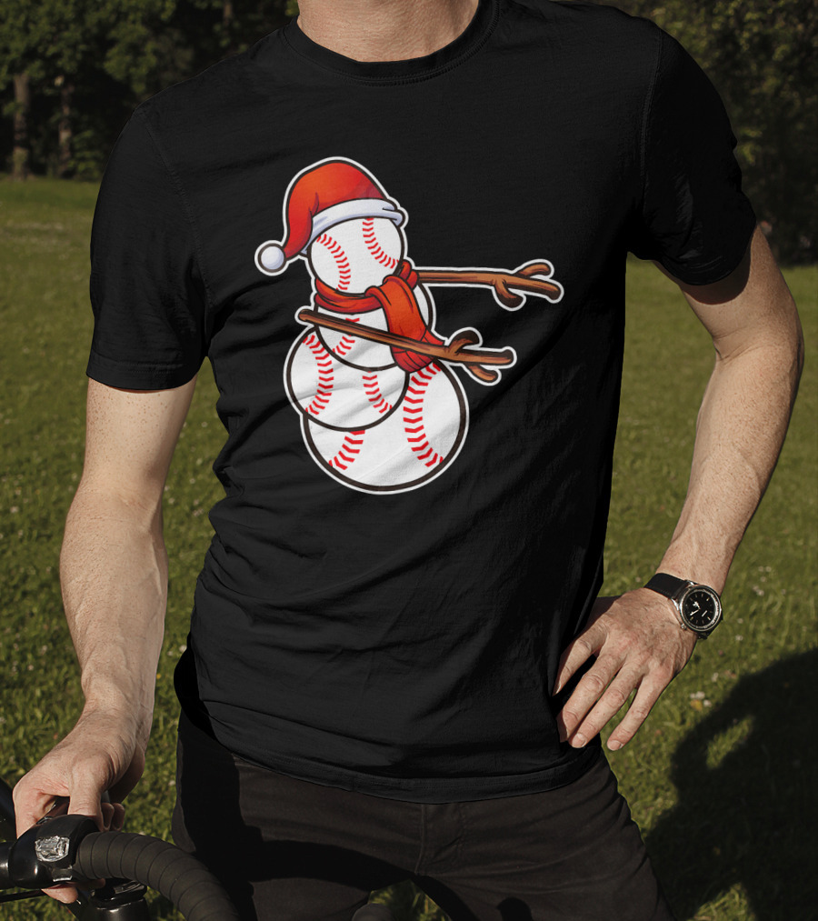 Santa Hat Snowman Made Of Baseballs Flossing T-Shirt