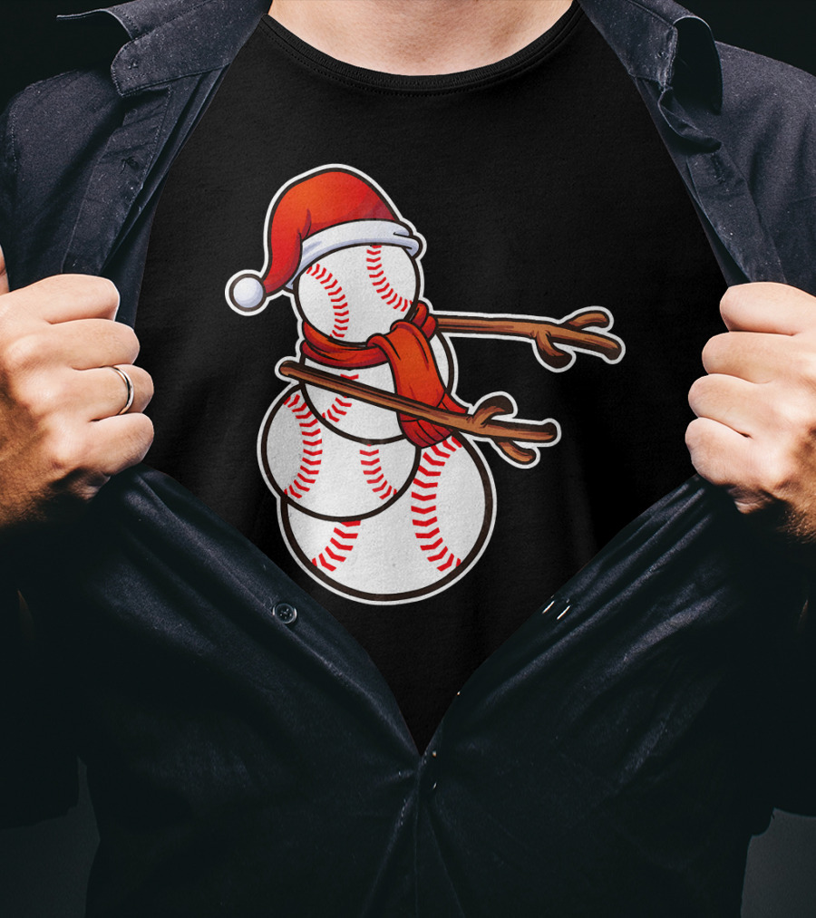 Santa Hat Snowman Made Of Baseballs Flossing T-Shirt