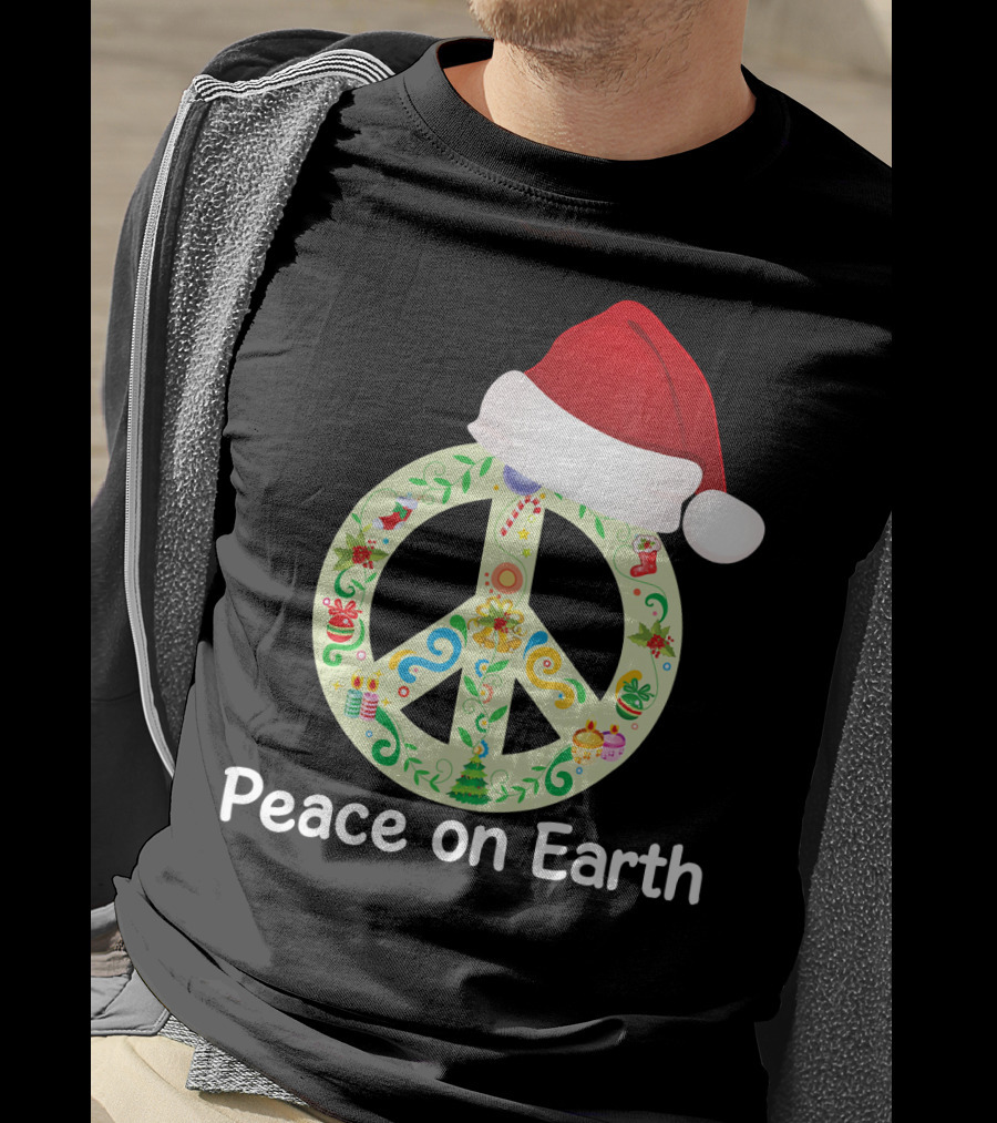 Peace On Earth Santa Hat Christmas Peace Sign T-Shirt