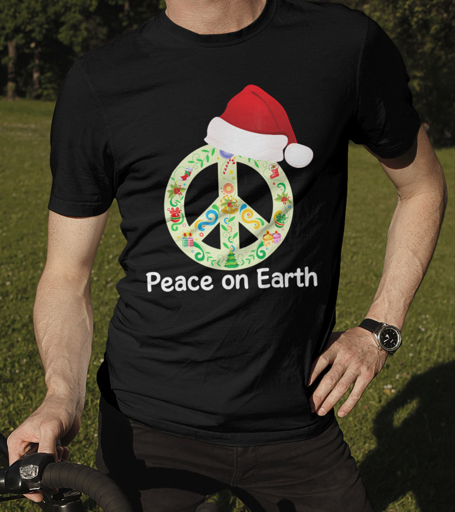 Peace On Earth Santa Hat Christmas Peace Sign T-Shirt