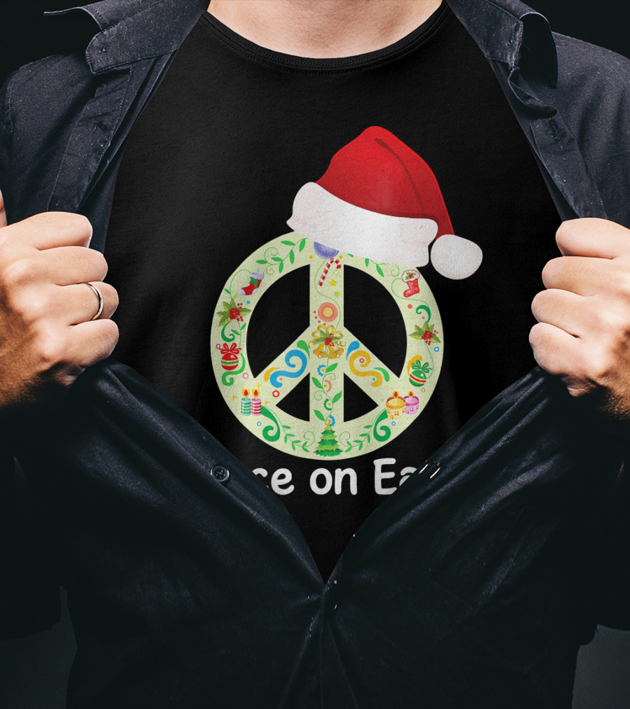 Peace On Earth Santa Hat Christmas Peace Sign T-Shirt