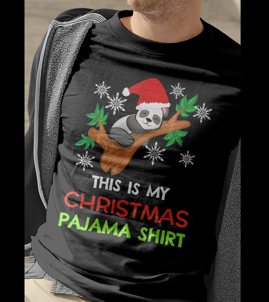 This Is My Christmas Pajama Shirt Panda Santa Hat Snowflakes T-Shirt