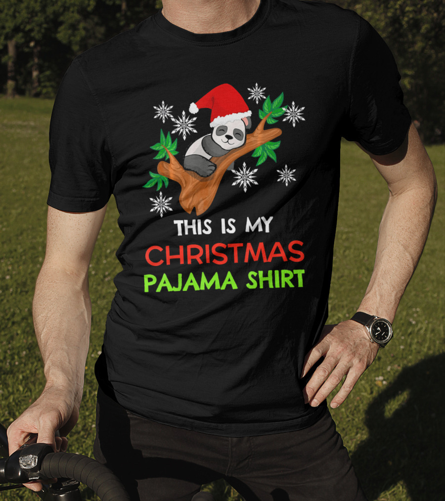 This Is My Christmas Pajama Shirt Panda Santa Hat Snowflakes T-Shirt