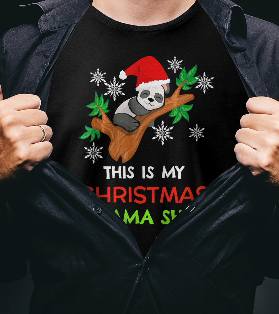 This Is My Christmas Pajama Shirt Panda Santa Hat Snowflakes T-Shirt