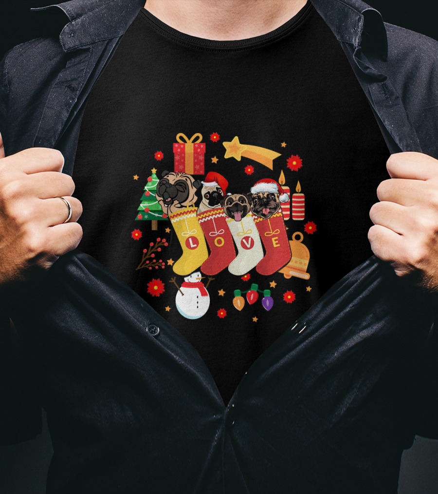 Funny Pugs Dog In Sock Love Christmas Stockings Holiday T-Shirt