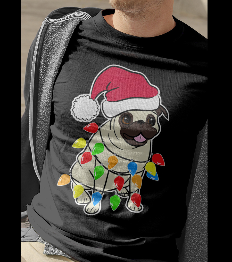 Christmas Pug Santa Pug With Festive Lights And Santa Hat T-Shirt