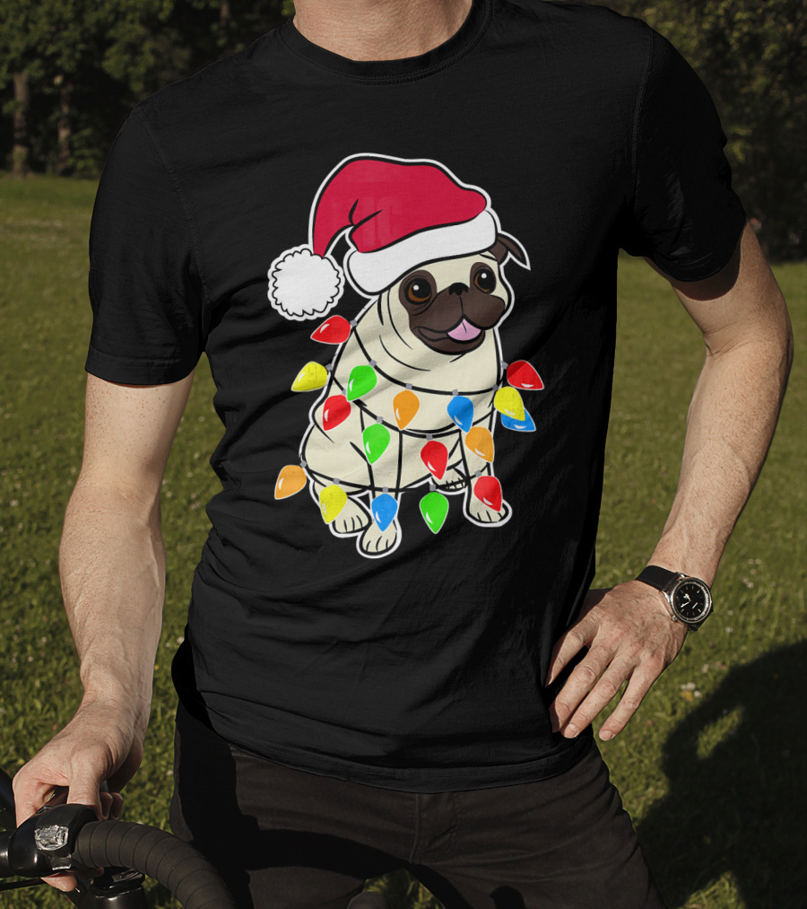 Christmas Pug Santa Pug With Festive Lights And Santa Hat T-Shirt