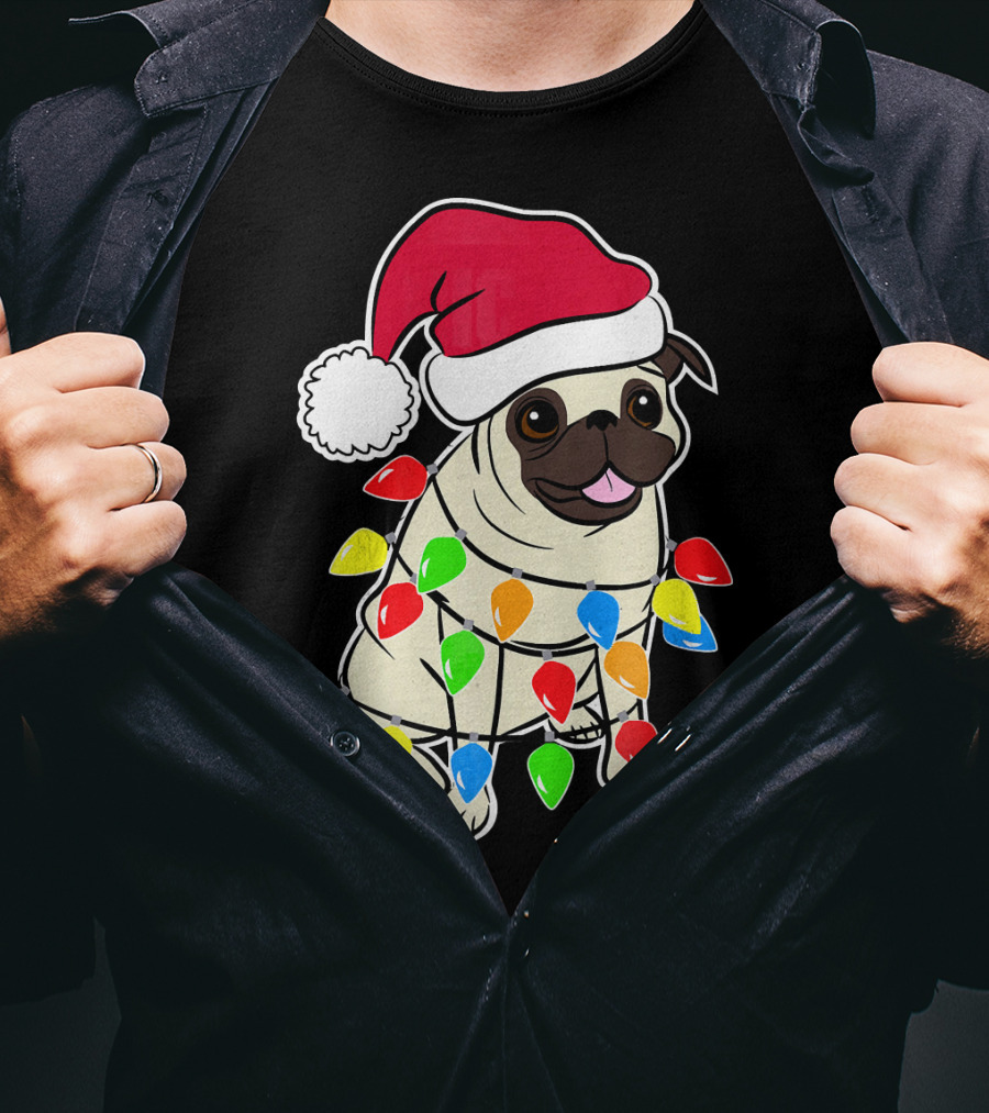 Christmas Pug Santa Pug With Festive Lights And Santa Hat T-Shirt