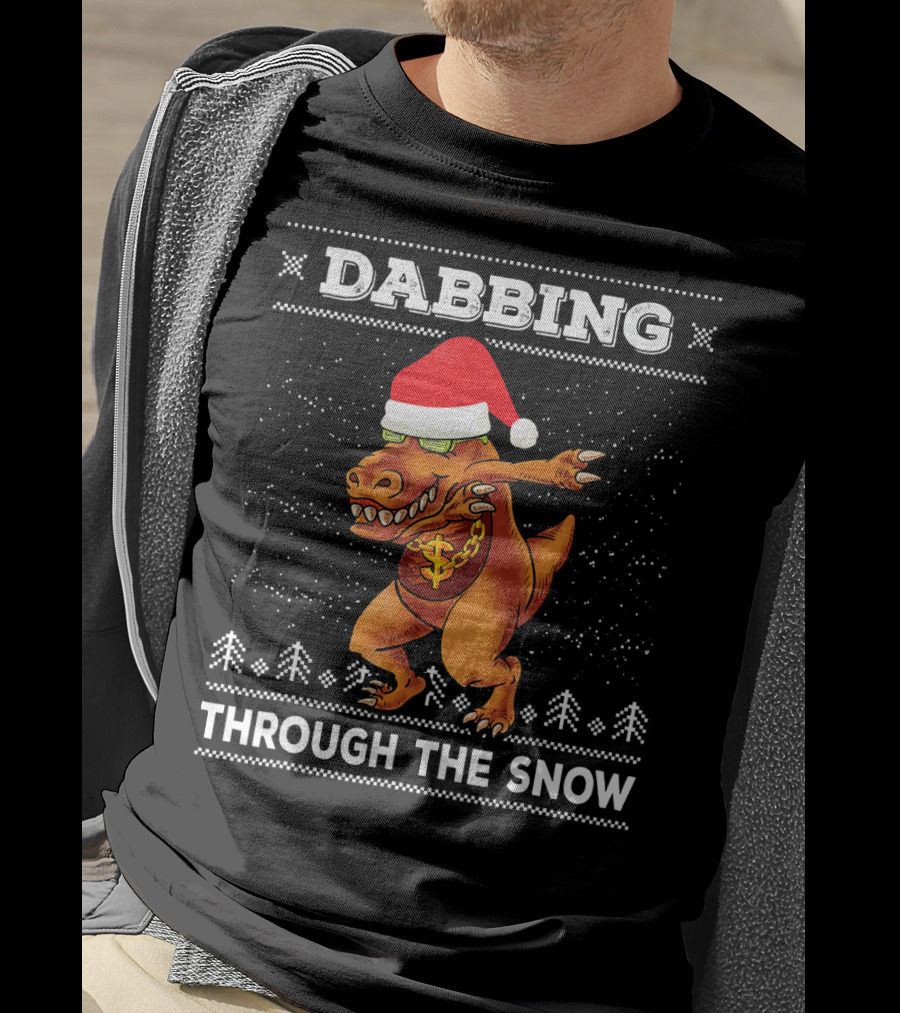 Dabbing T-Rex Through The Snow Santa Hat Ugly T-Shirt