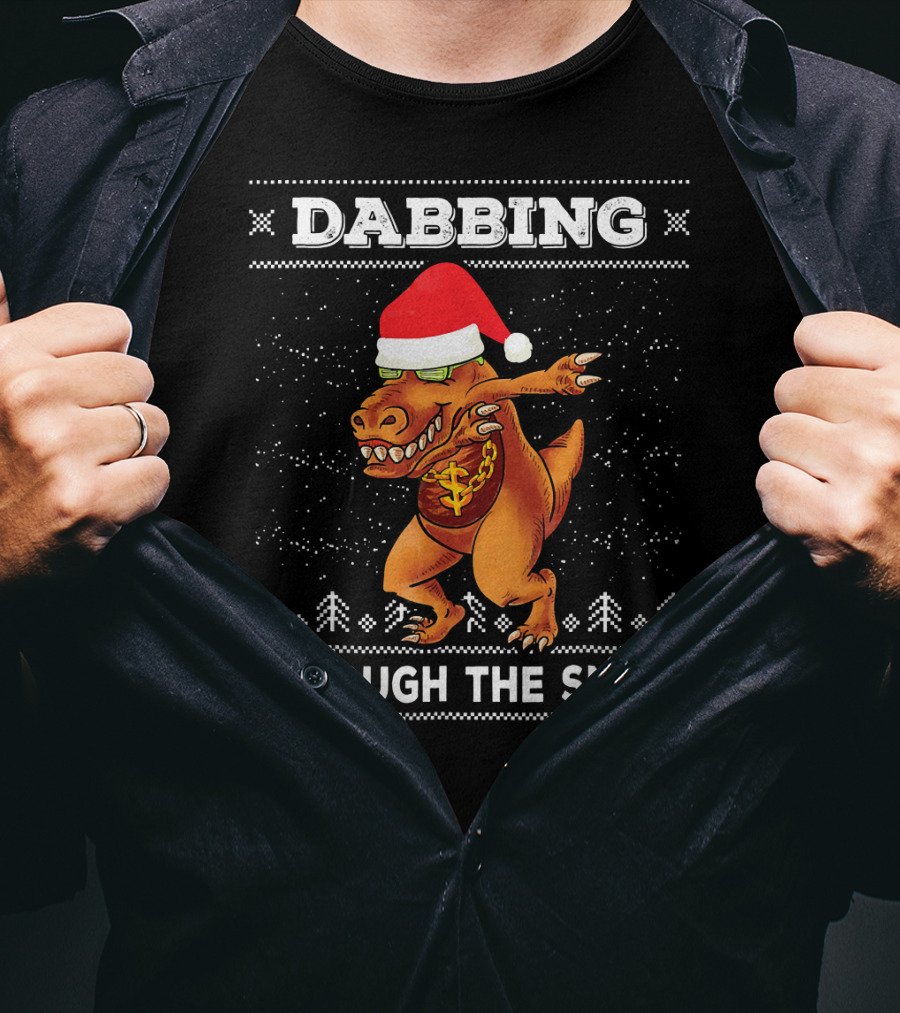 Dabbing T-Rex Through The Snow Santa Hat Ugly T-Shirt