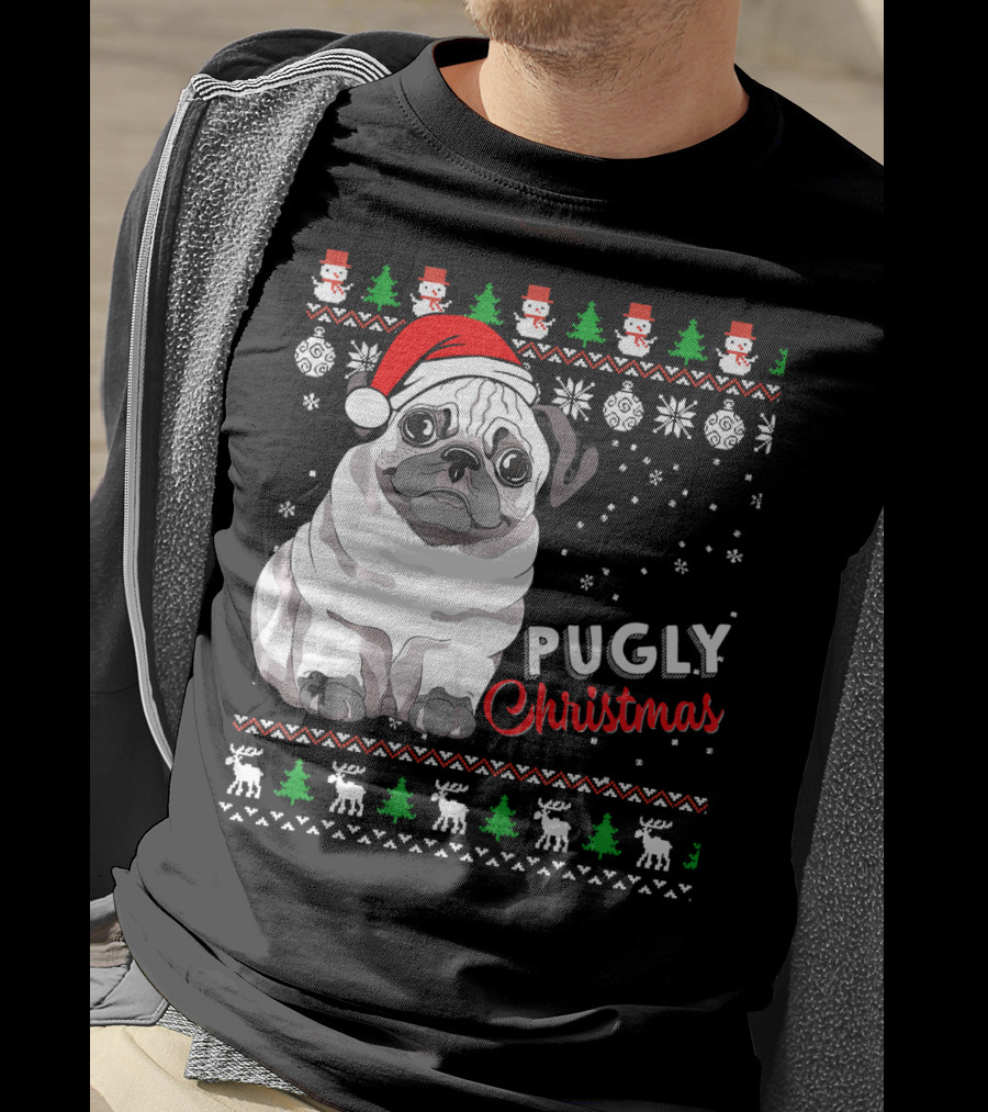 Pugly Christmas Santa Hat Snowflakes Ugly T-Shirt