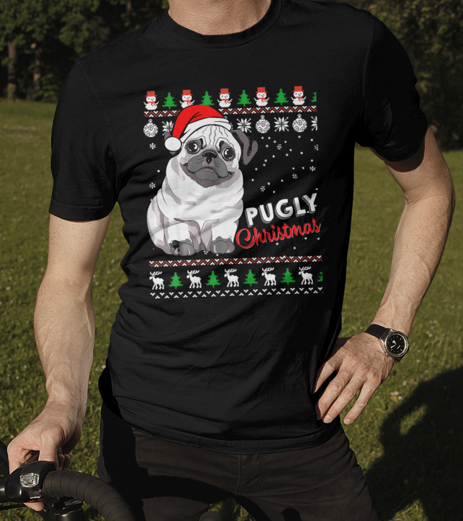 Pugly Christmas Santa Hat Snowflakes Ugly T-Shirt