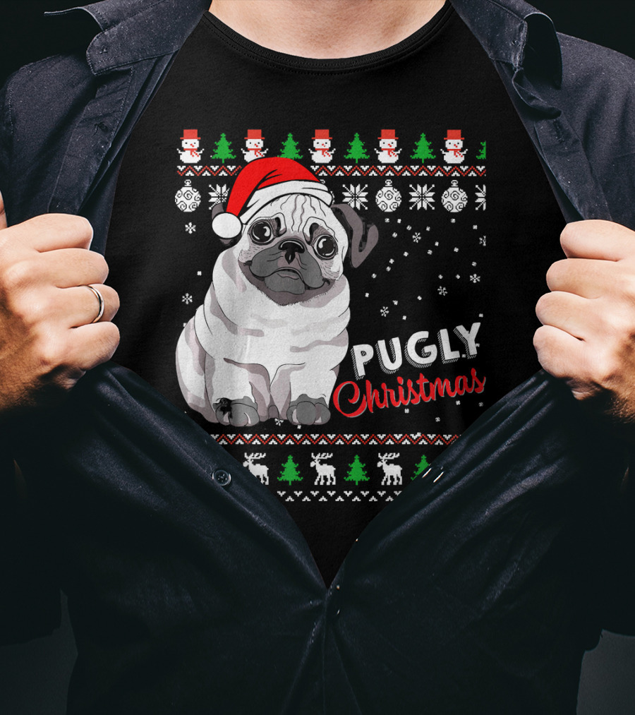 Pugly Christmas Santa Hat Snowflakes Ugly T-Shirt