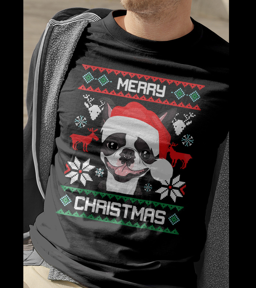 Merry Christmas Boston Terrier Santa Hat Ugly Sweater Holiday T-Shirt