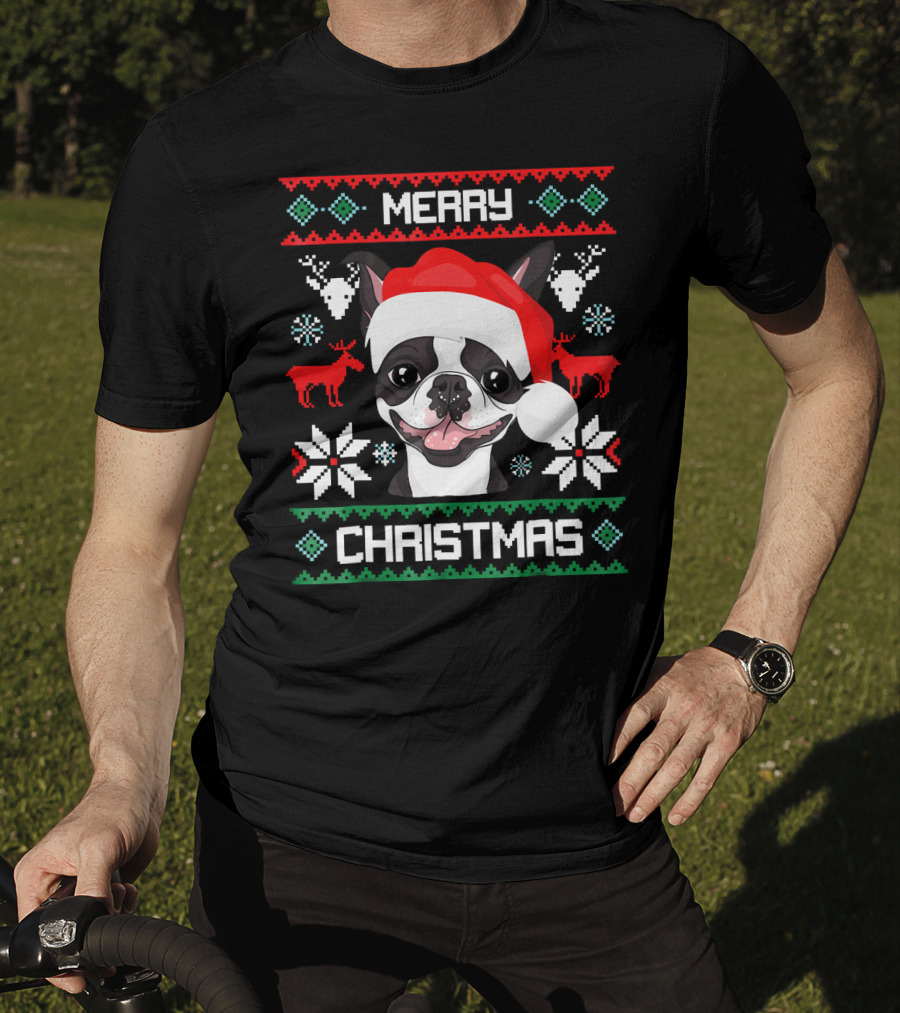 Merry Christmas Boston Terrier Santa Hat Ugly Sweater Holiday T-Shirt