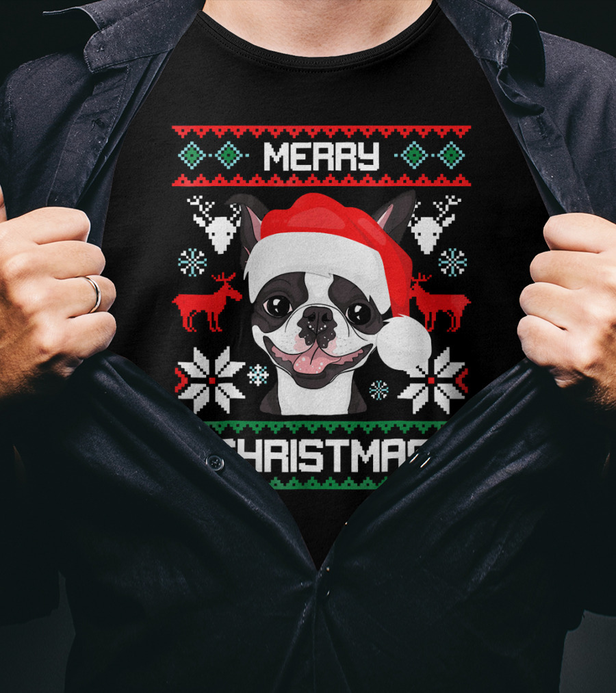 Merry Christmas Boston Terrier Santa Hat Ugly Sweater Holiday T-Shirt