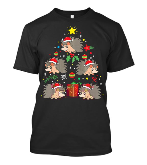 Santa Hat Hedgehog Christmas Tree With Ornaments And Gift T-Shirt