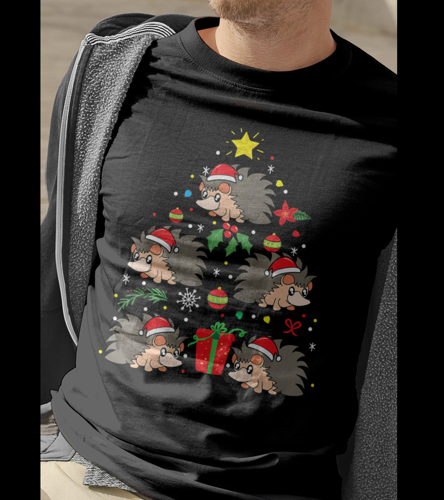 Santa Hat Hedgehog Christmas Tree With Ornaments And Gift T-Shirt