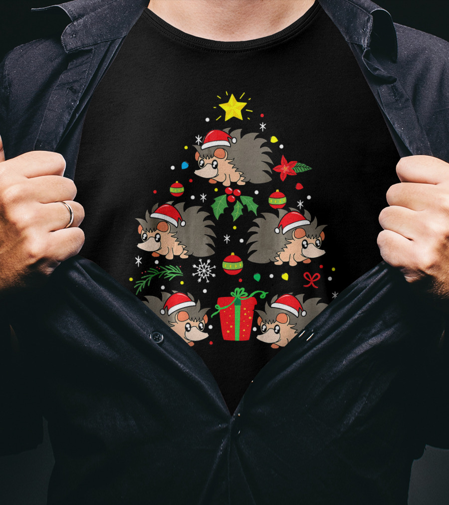 Santa Hat Hedgehog Christmas Tree With Ornaments And Gift T-Shirt