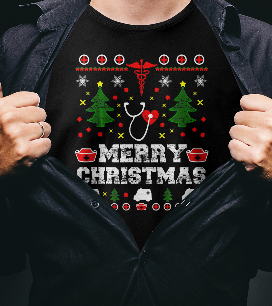 MERRY CHRISTMAS Nurse Ugly Stethoscope And Medical Symbols T-Shirt