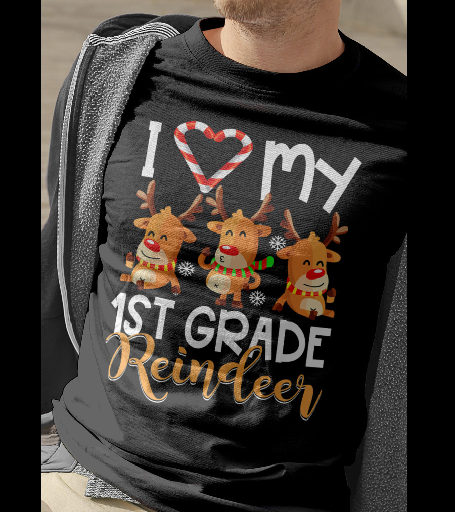 I Love My 1st Grade Reindeer With Candy Cane Heart T-Shirt