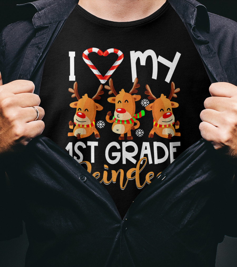 I Love My 1st Grade Reindeer With Candy Cane Heart T-Shirt
