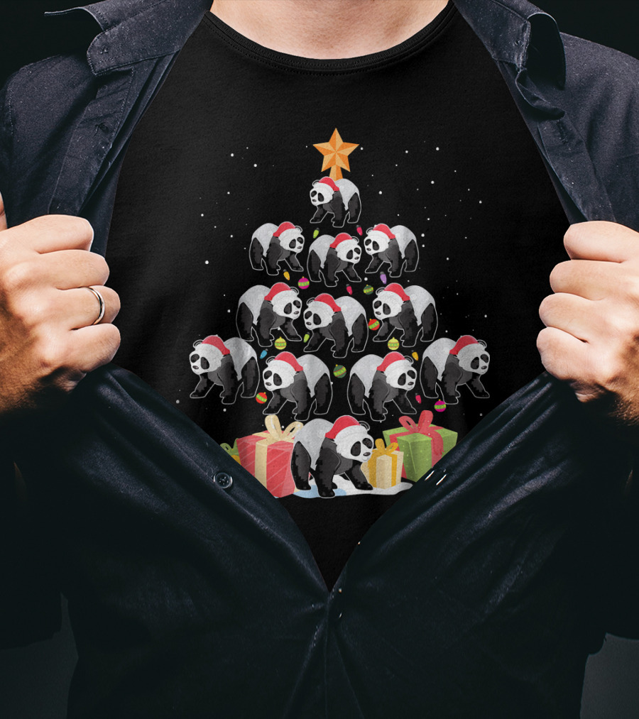 Funny Panda Christmas Tree Presents Star T-Shirt