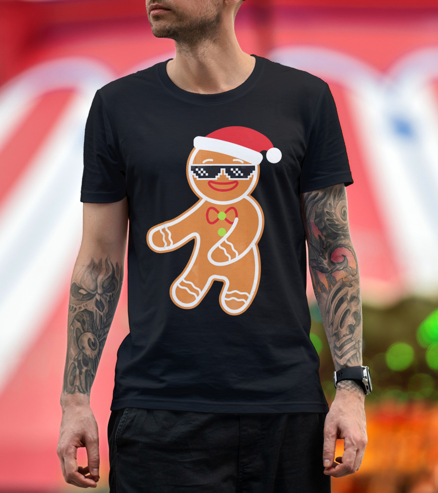Flossing Gingerbread with Santa Hat and Sunglasses T-Shirt