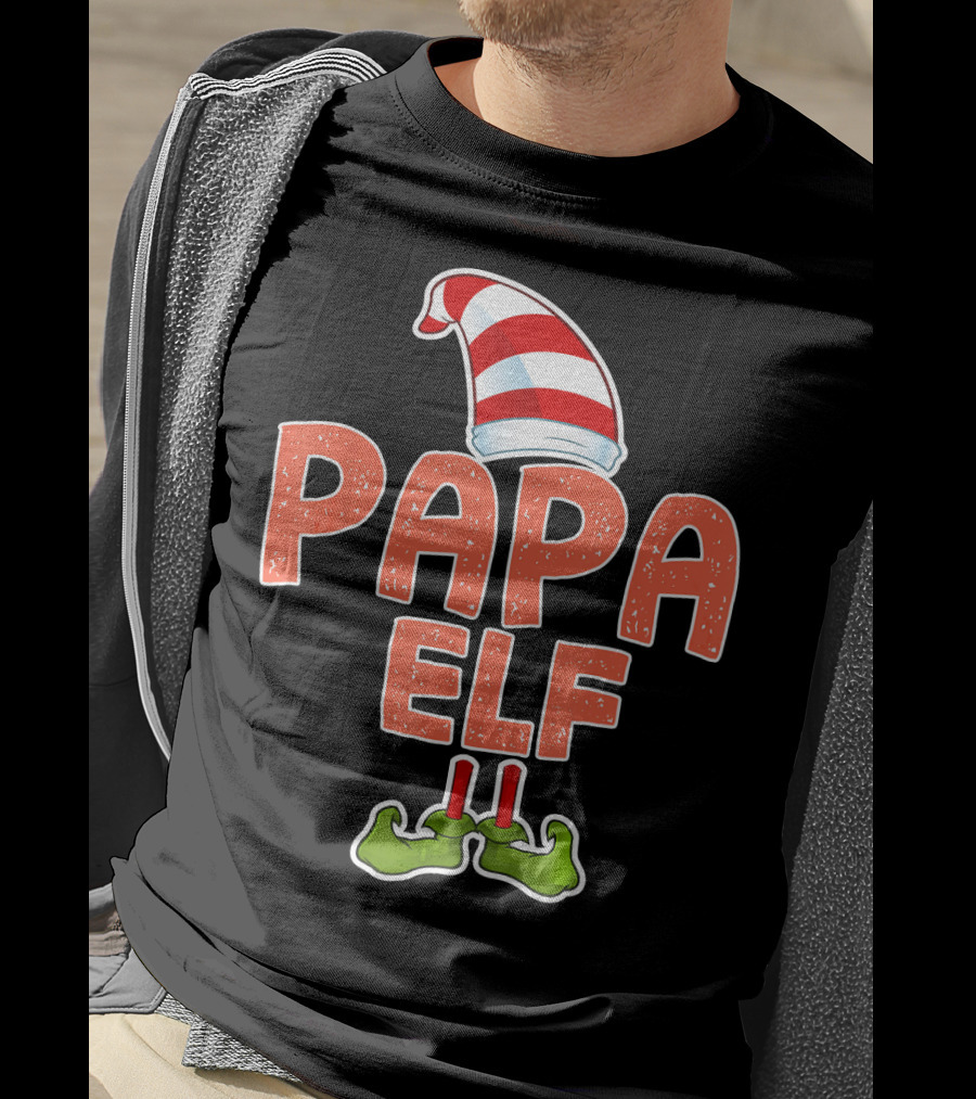 Papa Elf Funny Merry Christmas Striped Hat And Green Shoes T-Shirt