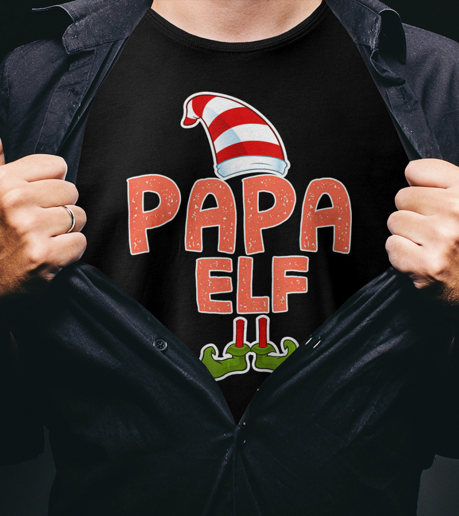Papa Elf Funny Merry Christmas Striped Hat And Green Shoes T-Shirt
