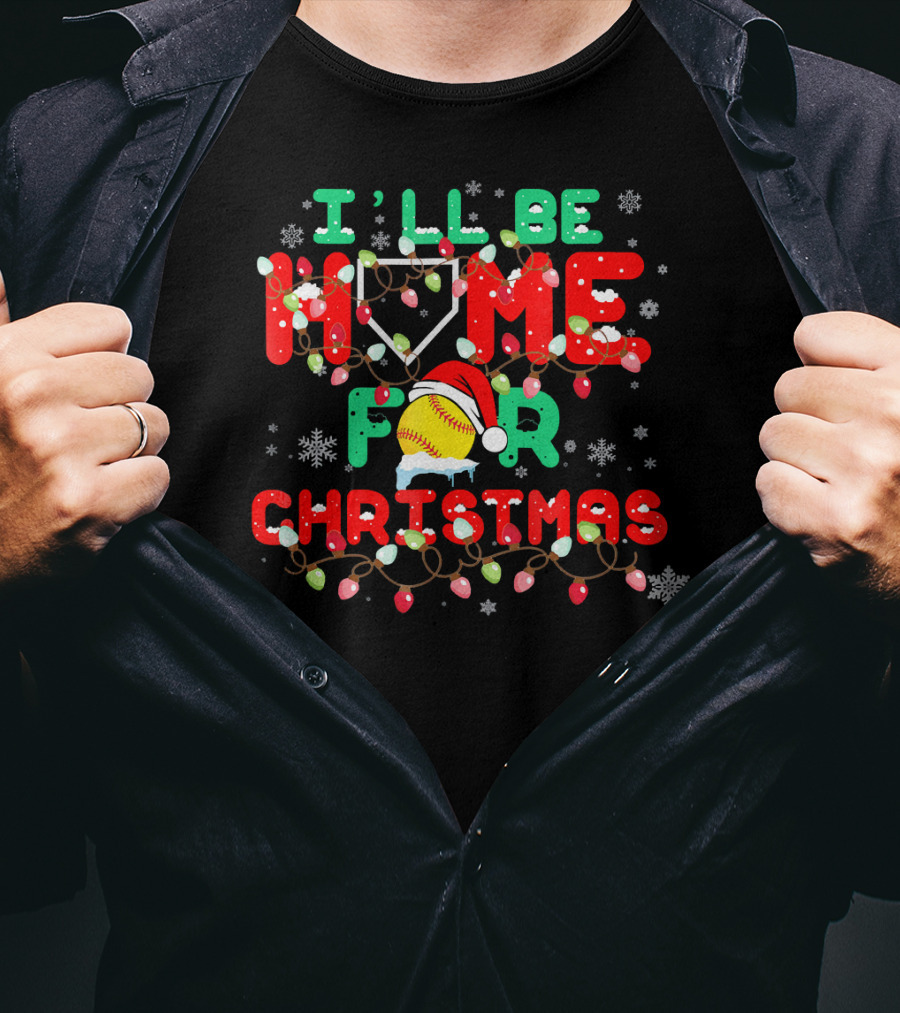 I'll Be Home For Christmas Xmas Funny Baseball Santa Hat Snowflakes Lights T-Shirt