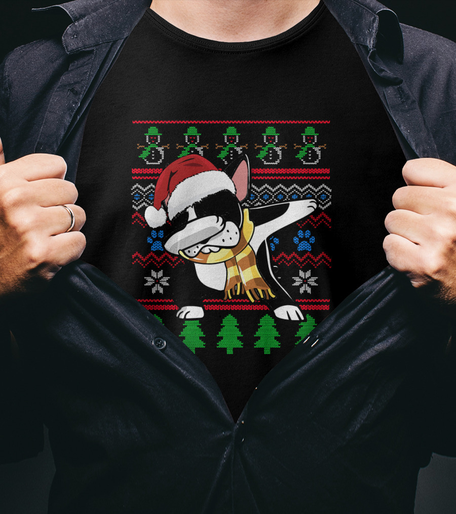 Boston Terrier Dabbing Santa Hat UglyStyl Christmas Sweater Snowmen Trees T-Shirt