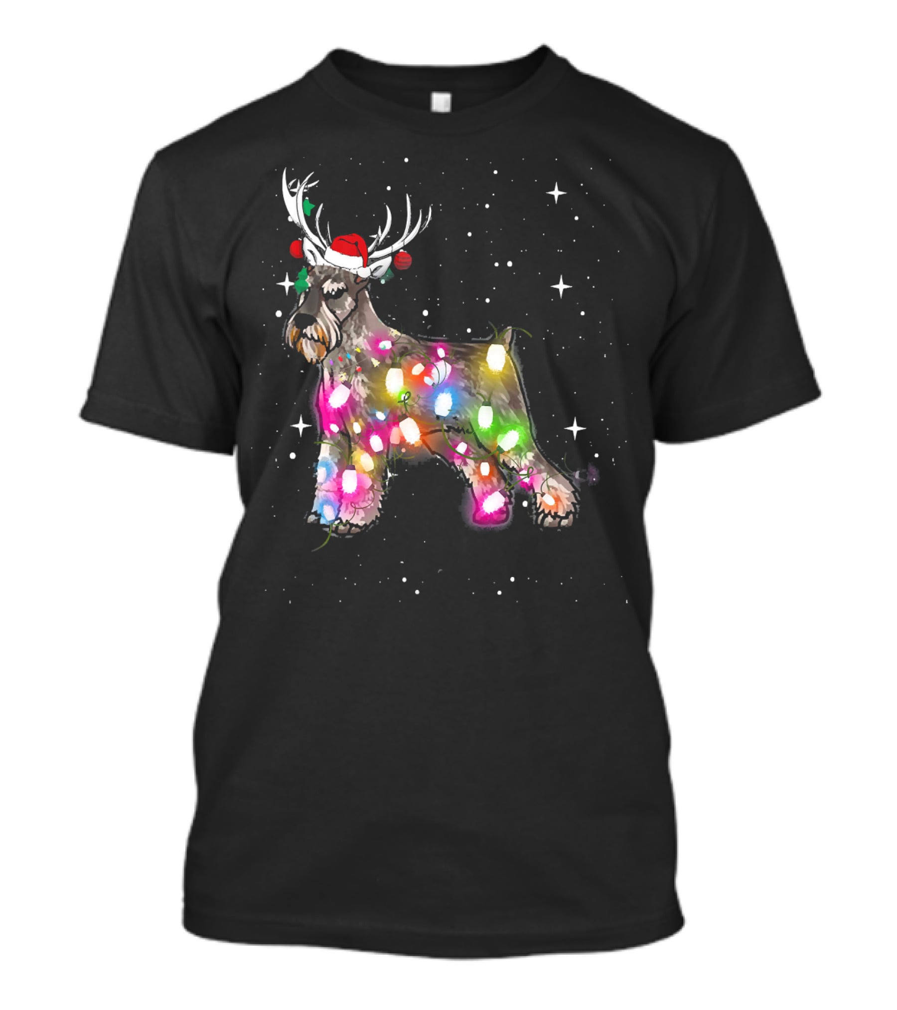 Festive Christmas Lights Standard Schnauzer With Santa Hat And Reindeer Antlers T-Shirt