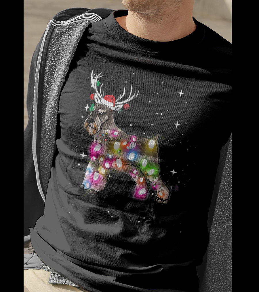 Festive Christmas Lights Standard Schnauzer With Santa Hat And Reindeer Antlers T-Shirt
