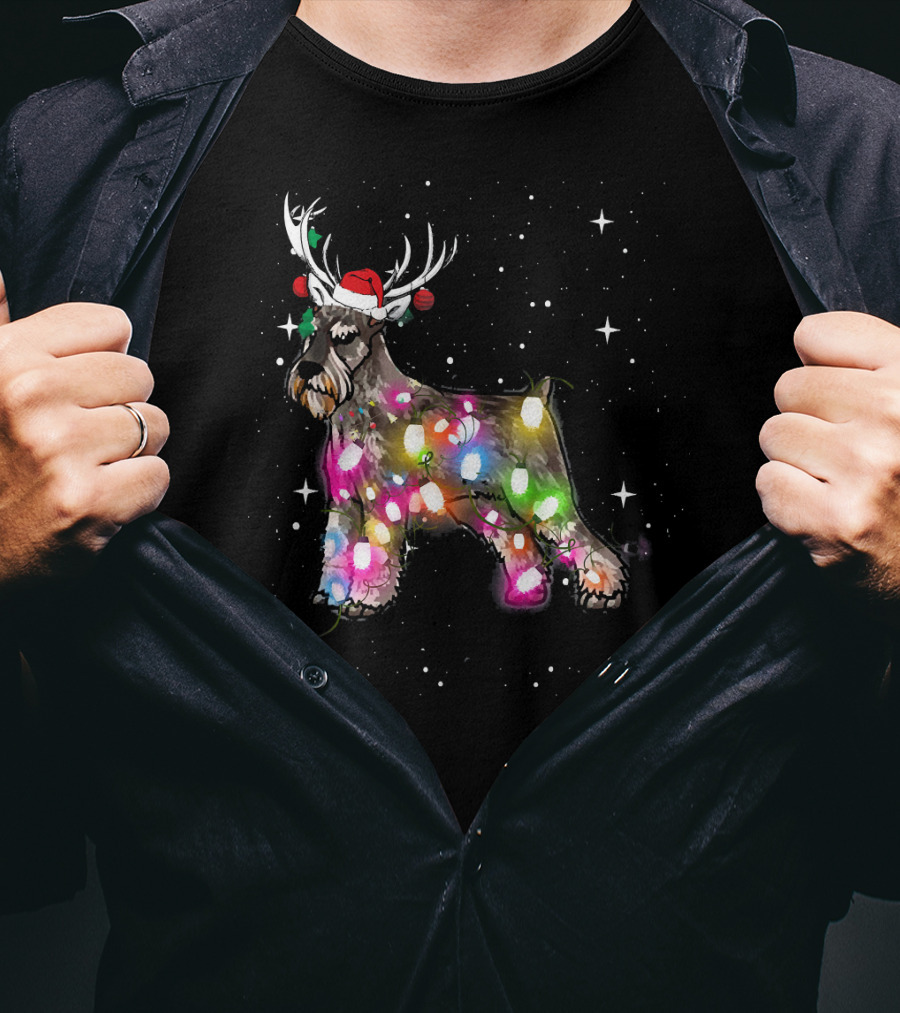 Festive Christmas Lights Standard Schnauzer With Santa Hat And Reindeer Antlers T-Shirt