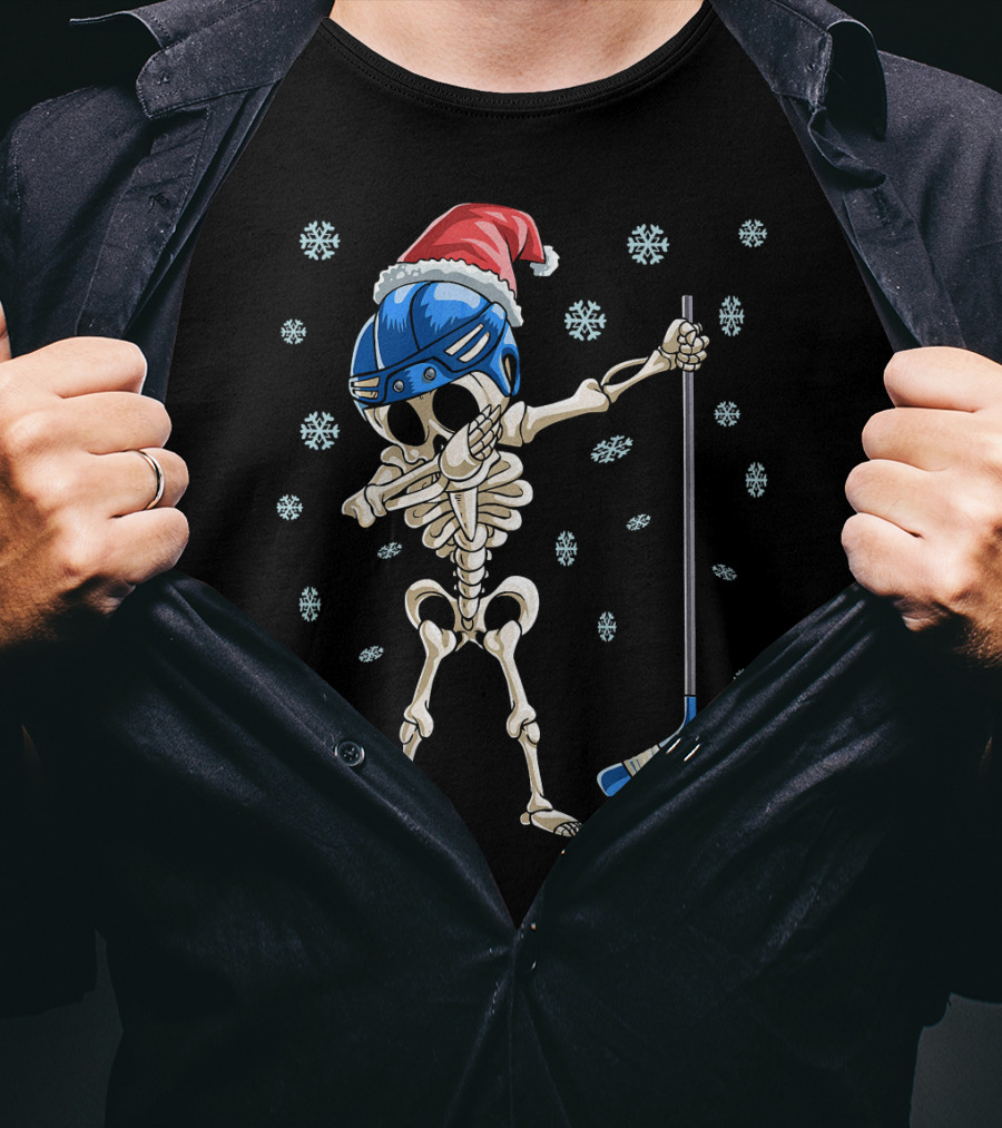 Santa Hat Dabbing Skeleton Ice Hockey With Snowflakes T-Shirt