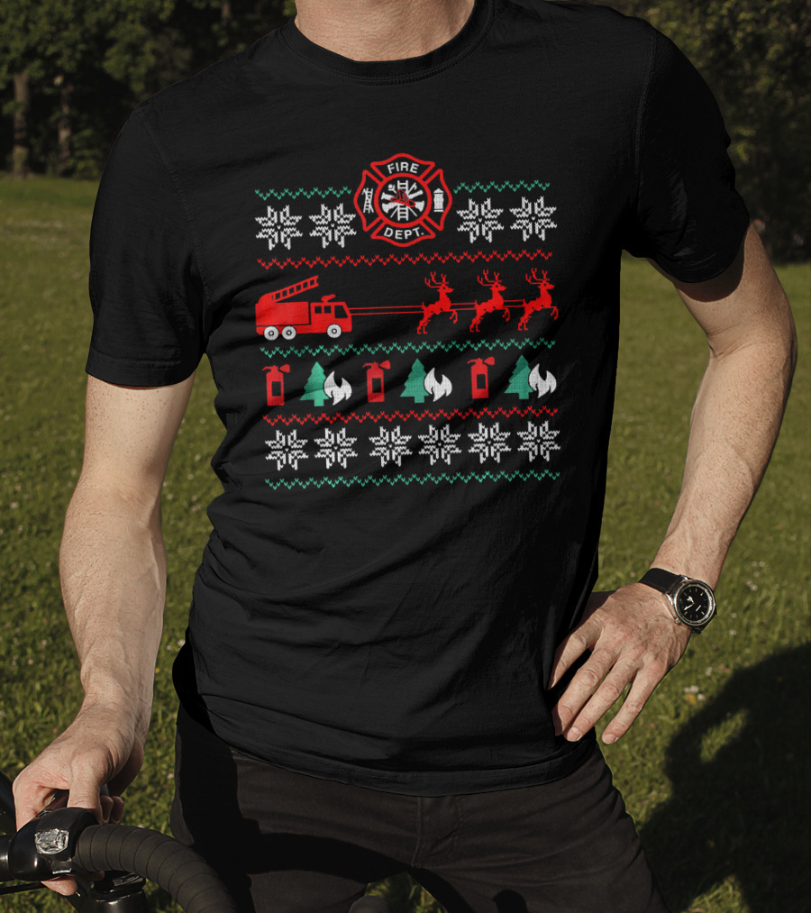 Fire Department Holiday Sweater Firetruck And Reindeer T-Shirt