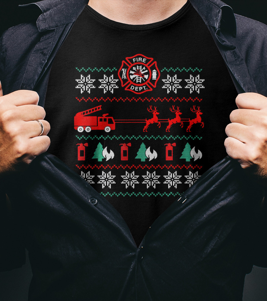 Fire Department Holiday Sweater Firetruck And Reindeer T-Shirt