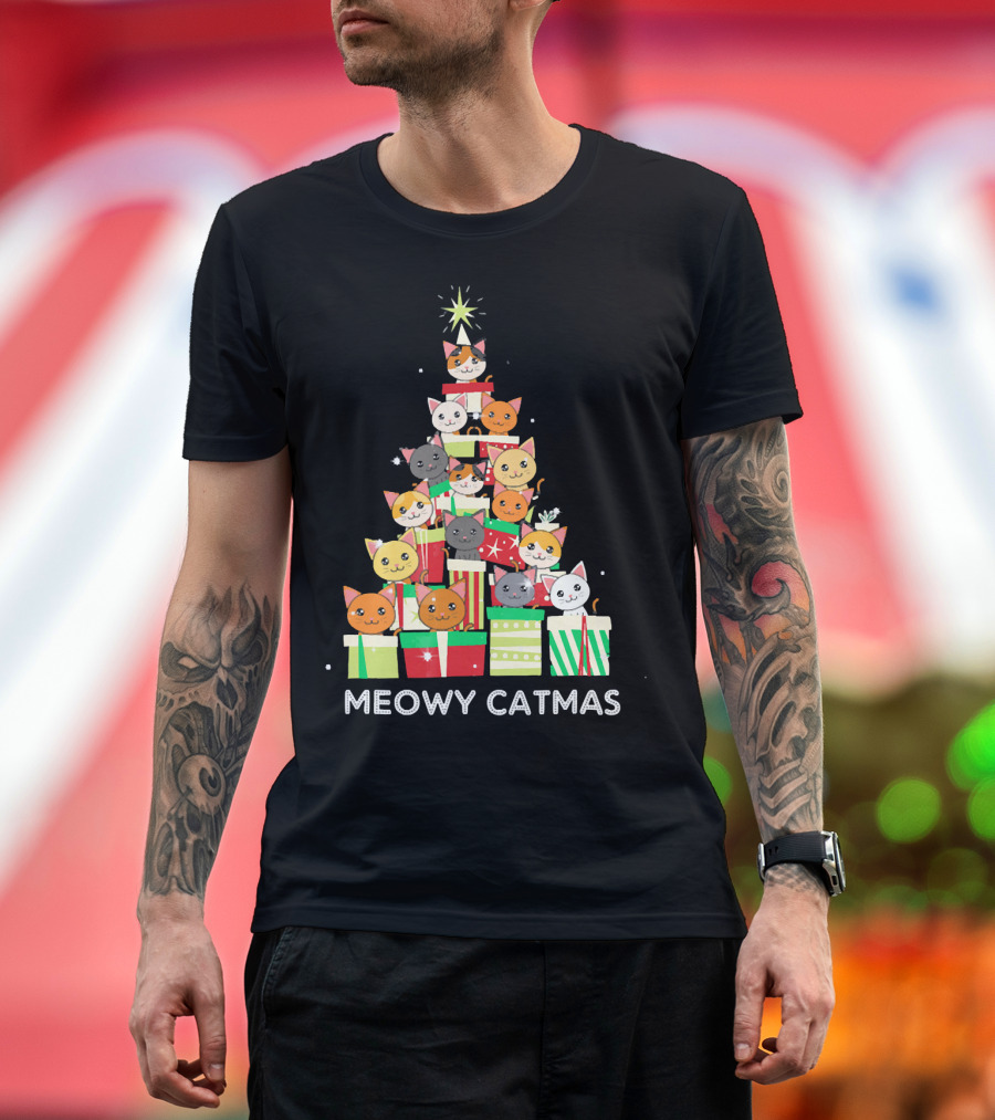 Meowy Catmas Funny Cat Christmas Tree Box T-Shirt
