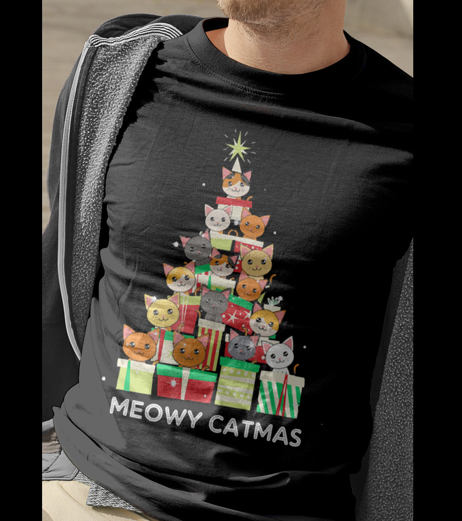 Meowy Catmas Funny Cat Christmas Tree Box T-Shirt
