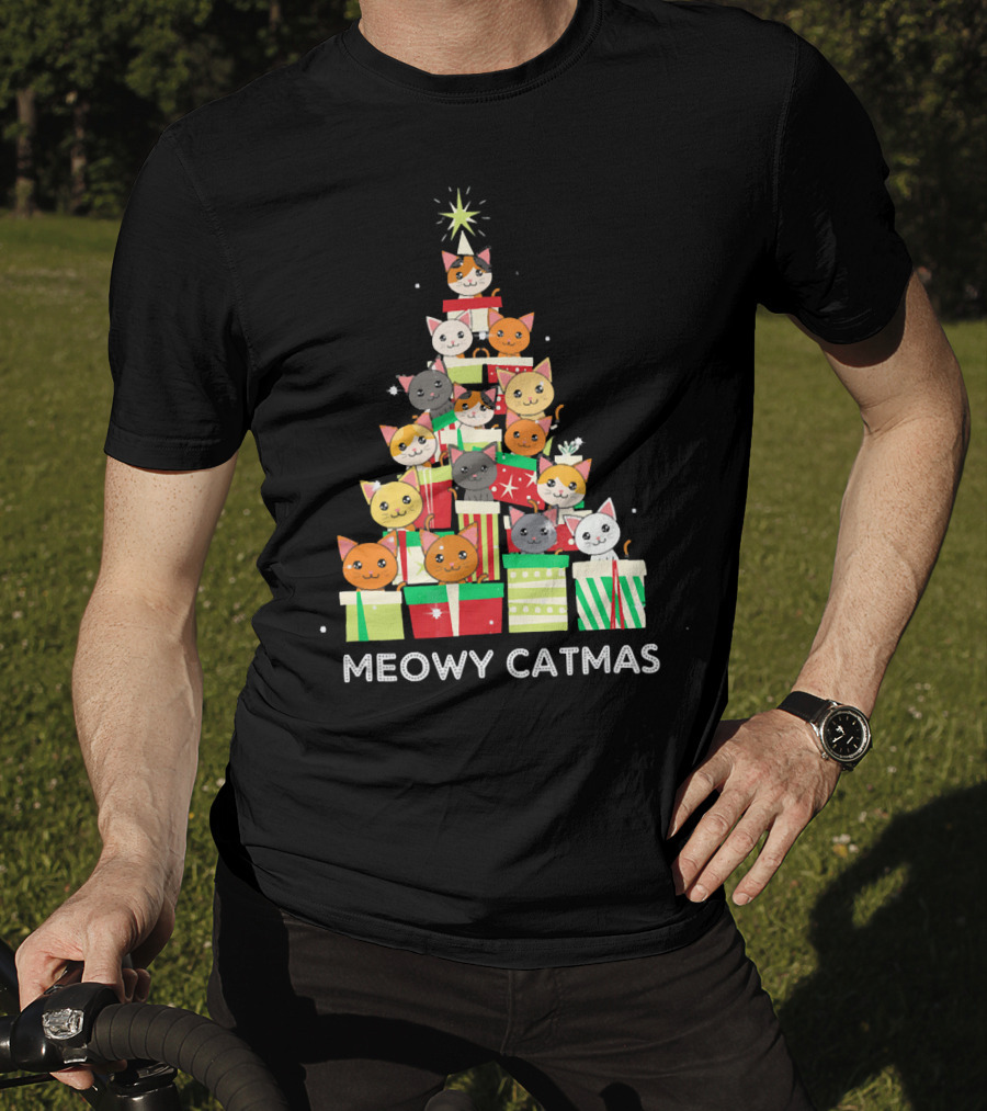 Meowy Catmas Funny Cat Christmas Tree Box T-Shirt