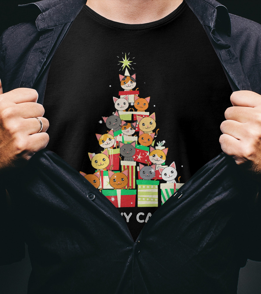 Meowy Catmas Funny Cat Christmas Tree Box T-Shirt