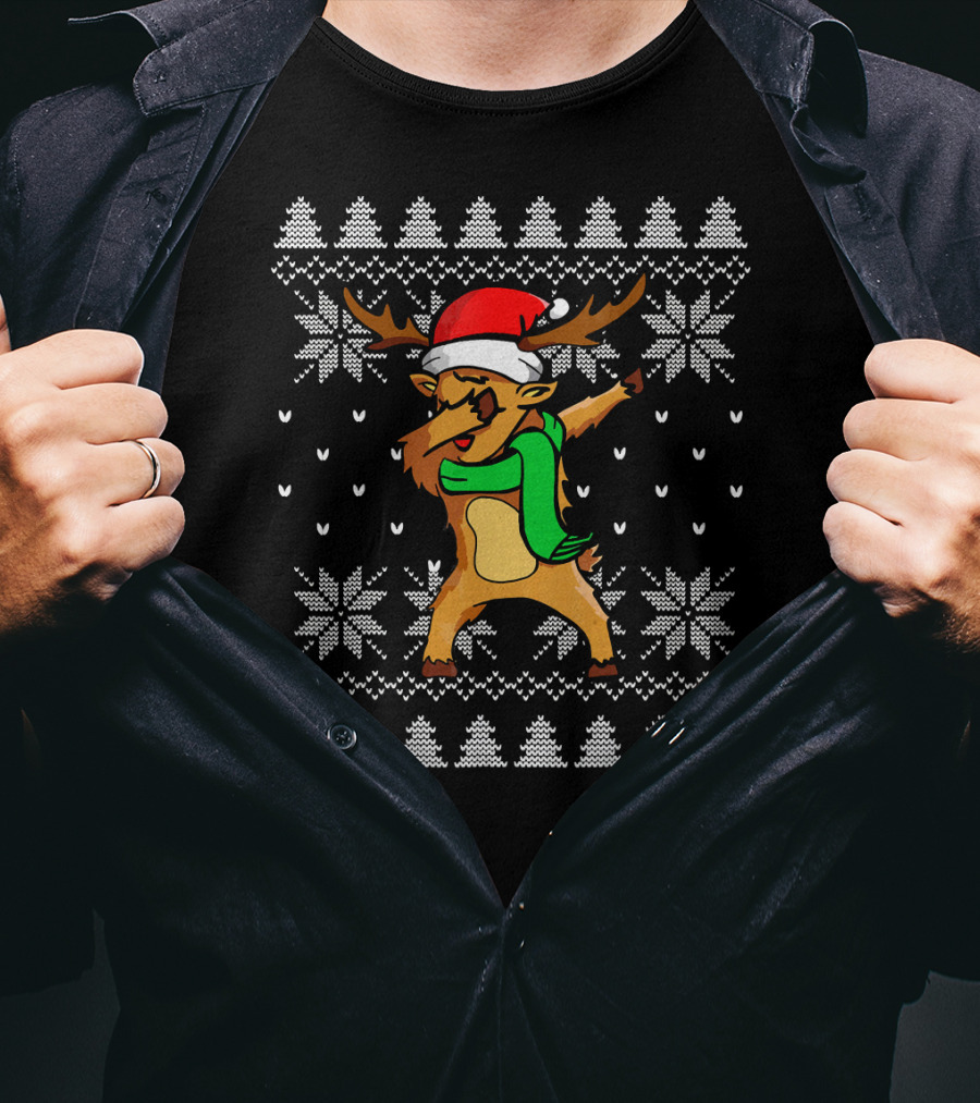 Funny Christmas Dabbing Reindeer In Santa Hat And Scarf Ugly T-Shirt