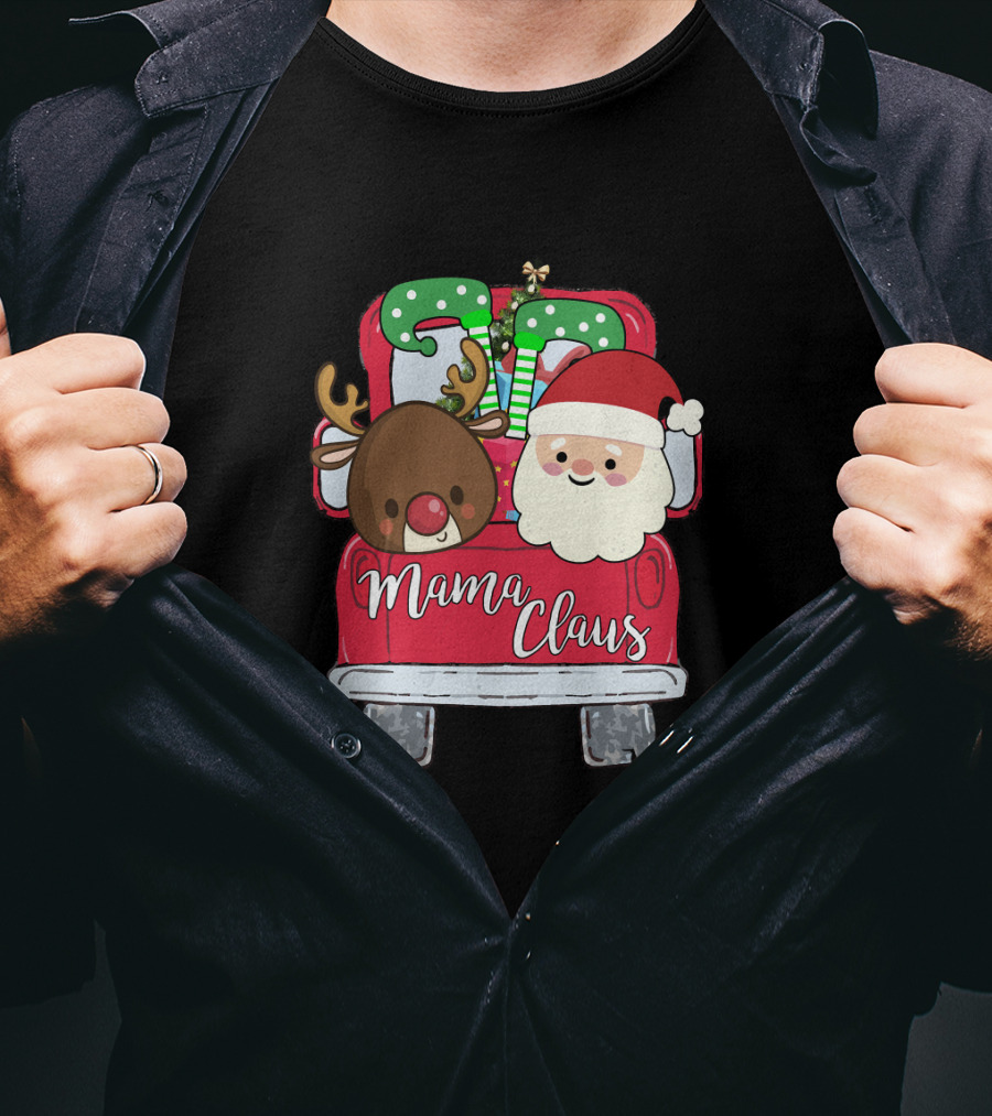 Mama Claus Funny Christmas Car With Santa And Reindeer T-Shirt