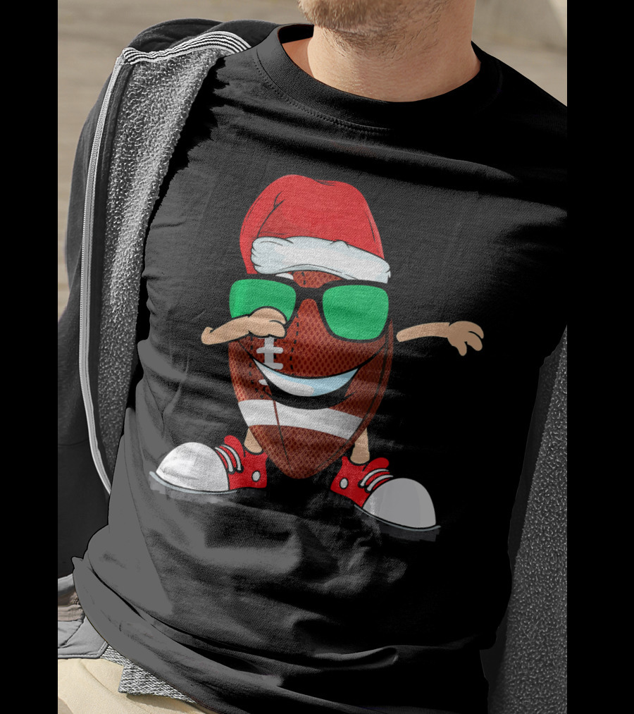 Dabbing Football Wearing Santa Hat With Green Sunglasses And Red Sneakers T-Shirt
