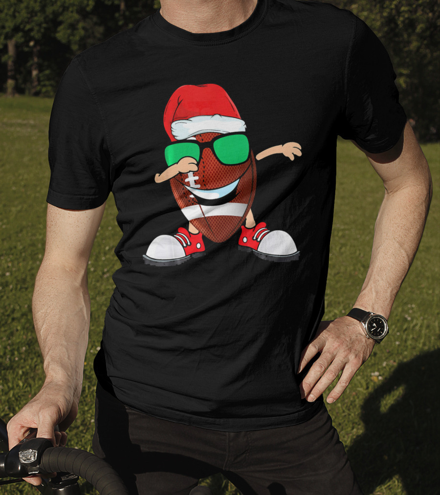 Dabbing Football Wearing Santa Hat With Green Sunglasses And Red Sneakers T-Shirt