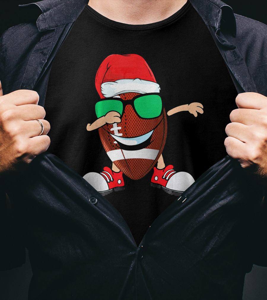 Dabbing Football Wearing Santa Hat With Green Sunglasses And Red Sneakers T-Shirt
