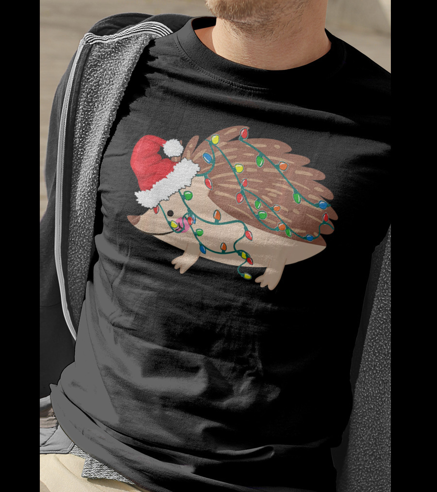 Hedgehog Christmas Lights Funny Santa Hat T-Shirt