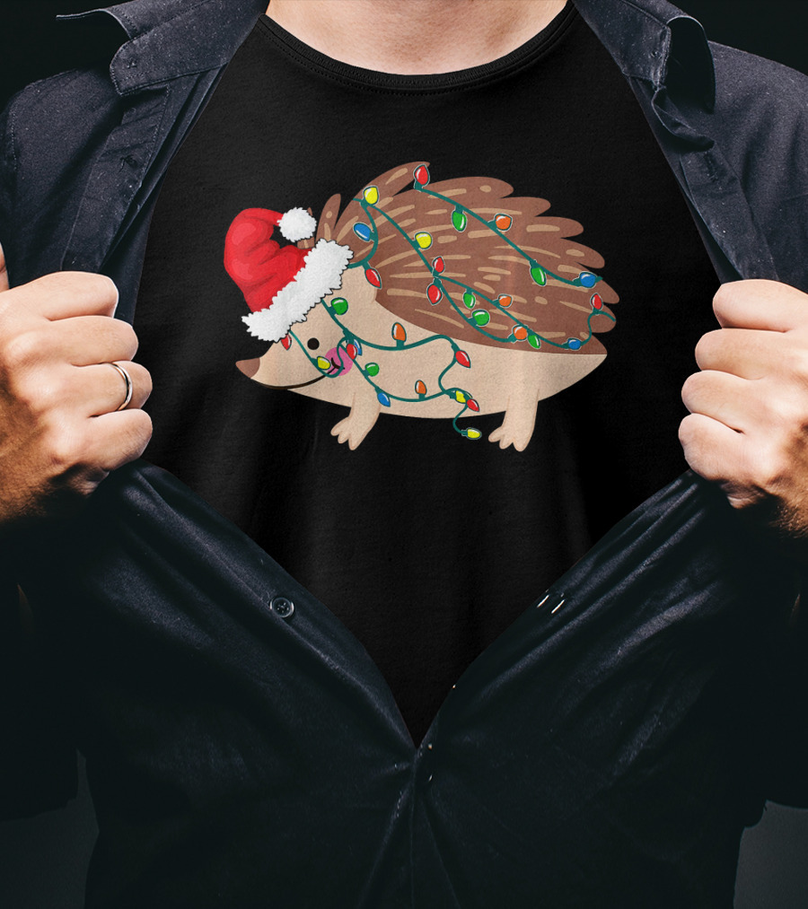 Hedgehog Christmas Lights Funny Santa Hat T-Shirt